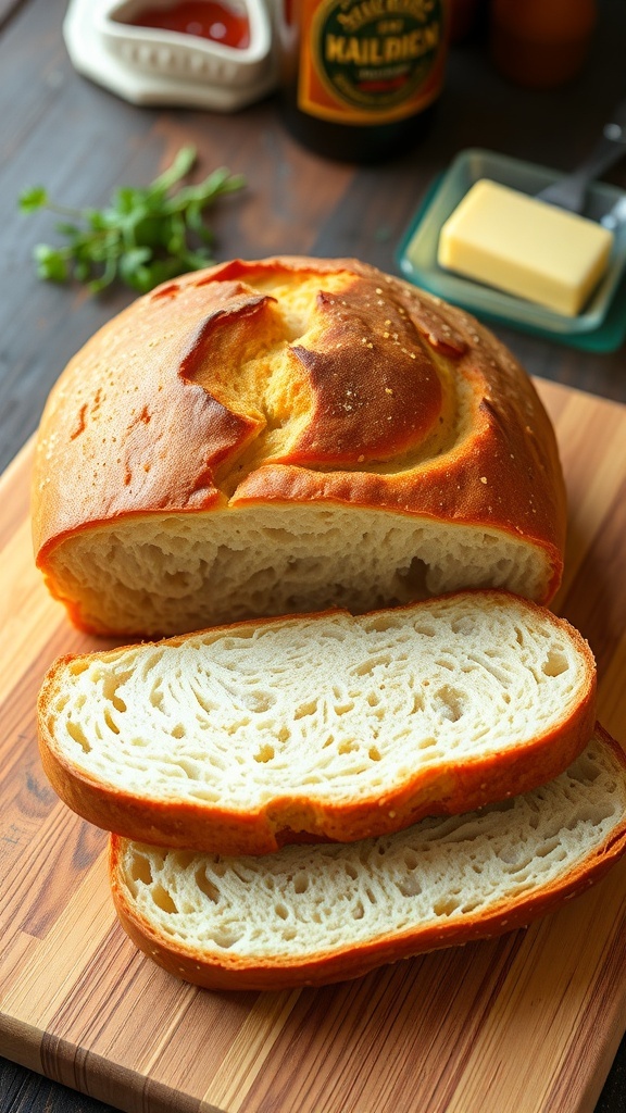 Freshly baked no-knead bread loaf with golden crust and soft interior, sliced on a wooden board.